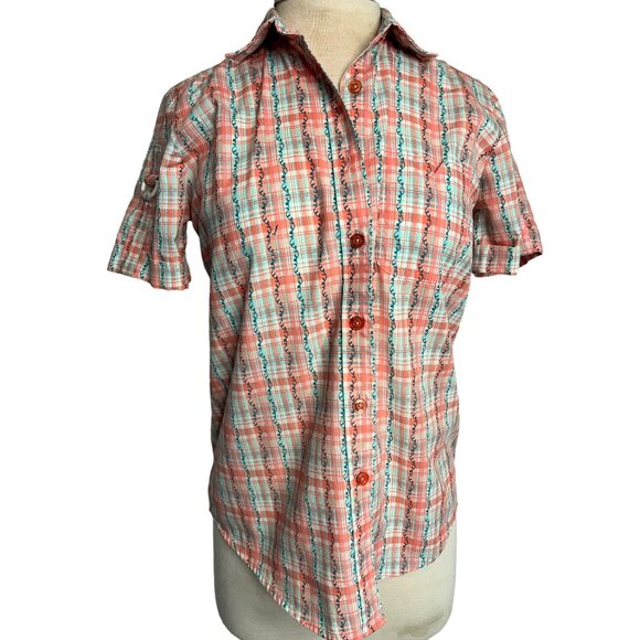 Adrian Delafield blouse medium plaid flowers short sleeve pocket collar - Picture 4 of 11